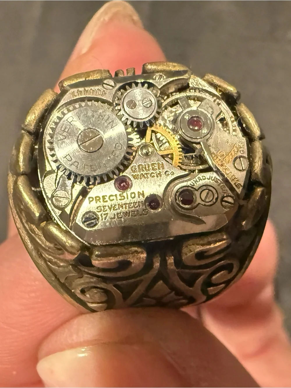 Artist Made Steampunk Watch Movement Ring Vintage Gruen 17 Jewel Filigree Brass